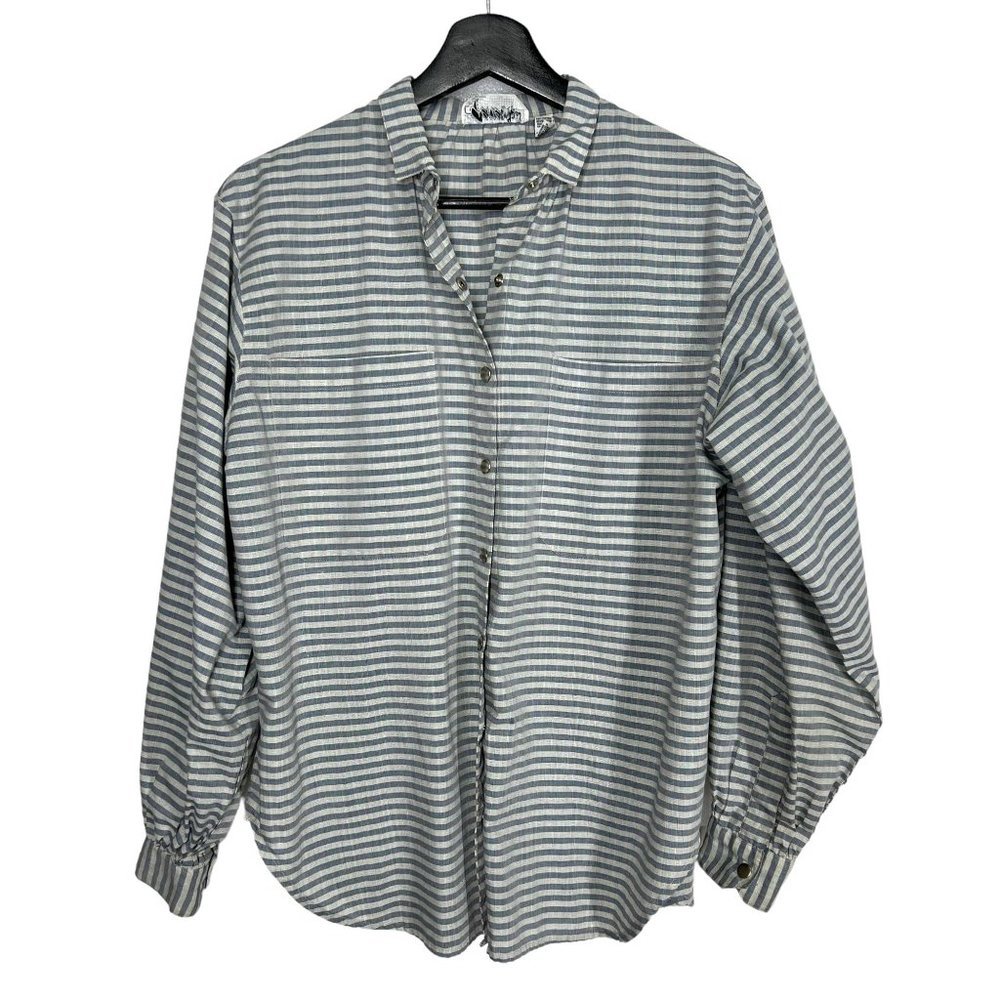 Vintage 90s Grey Stripe Button Up Long Sleeve Top Large